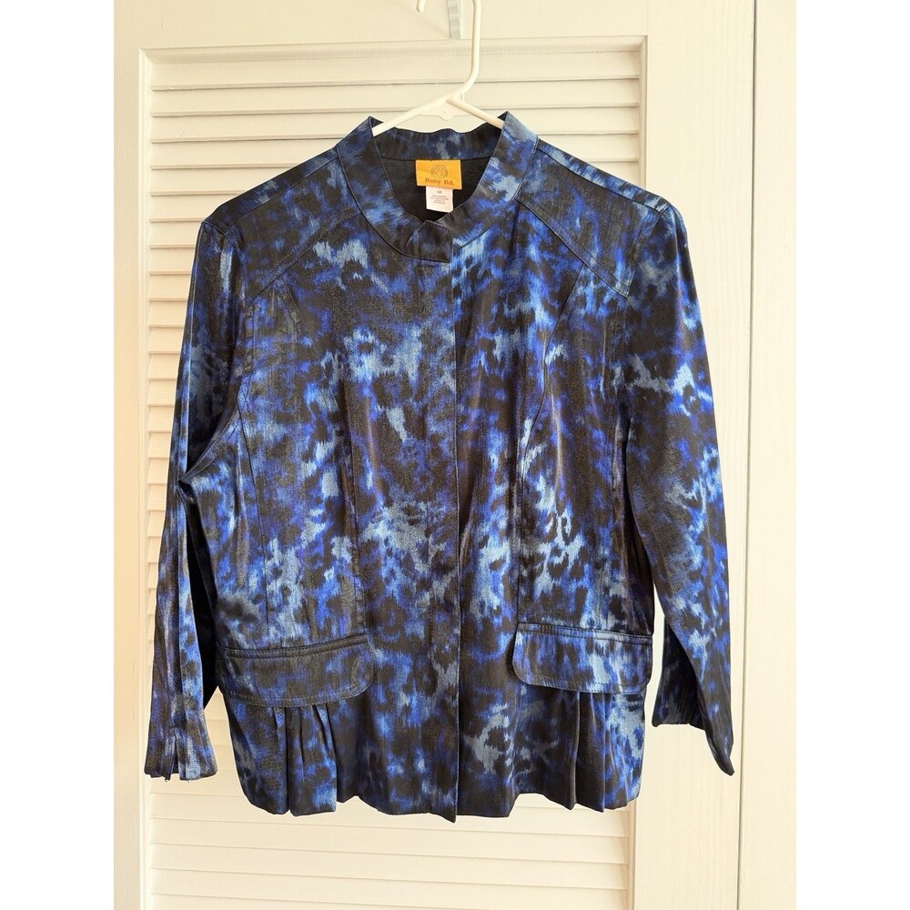 Ruby Rd Blue Animal Print Lightweight Jacket Ruffle Hem Size 10